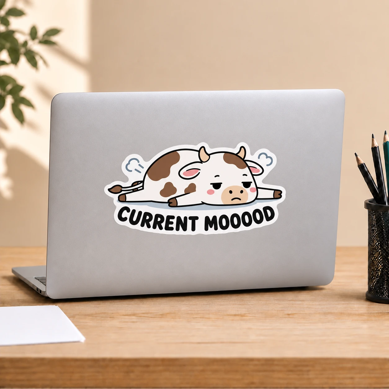 Current Mooood Sticker, Flat Out design shown on a laptop lid