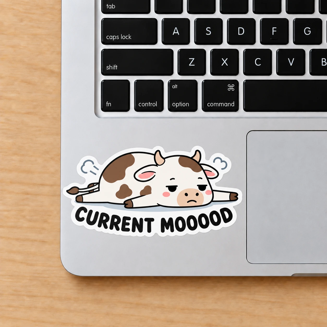 Current Mooood Sticker, Flat Out design shown on a laptop palm rest