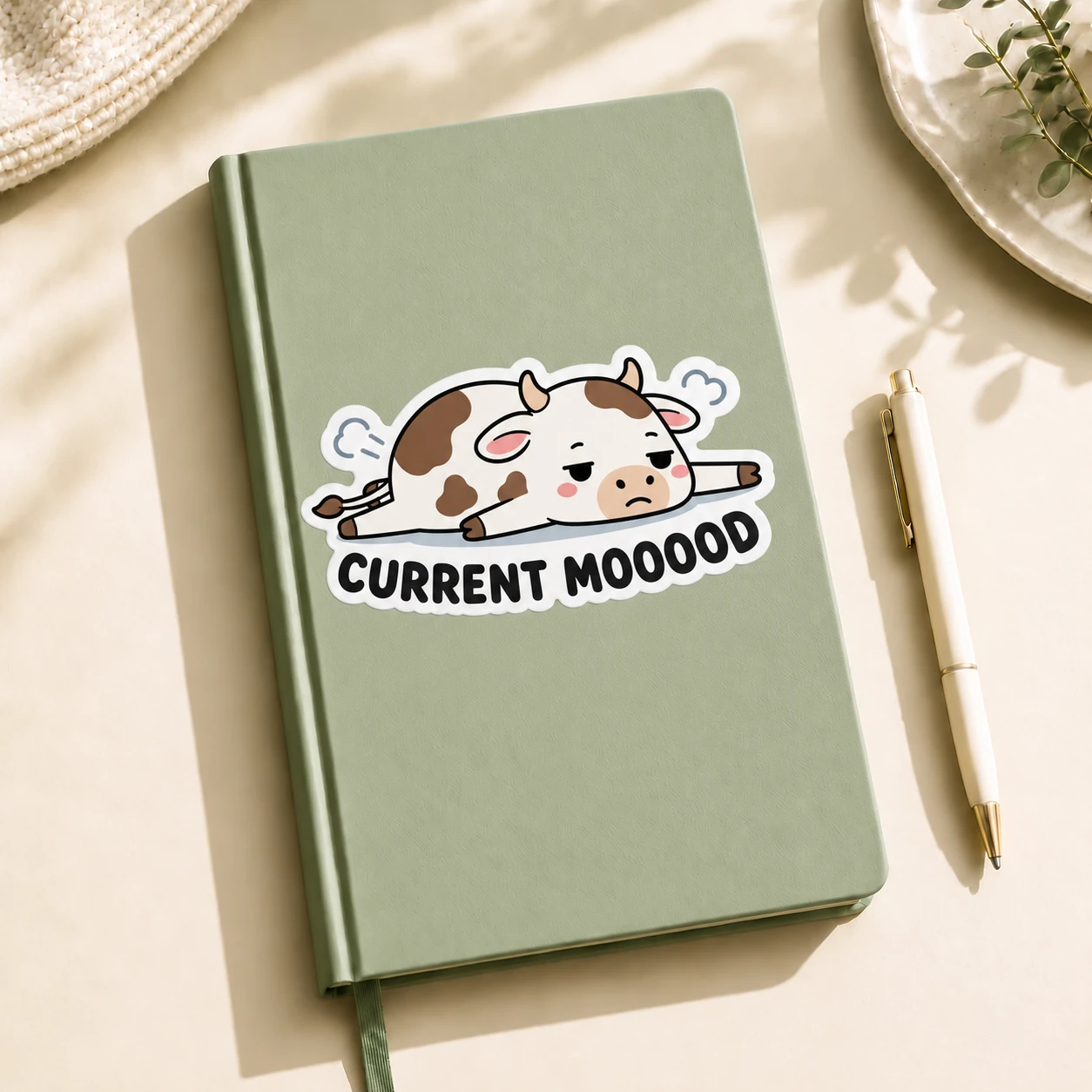 Current Mooood Sticker, Flat Out design shown on a notebook