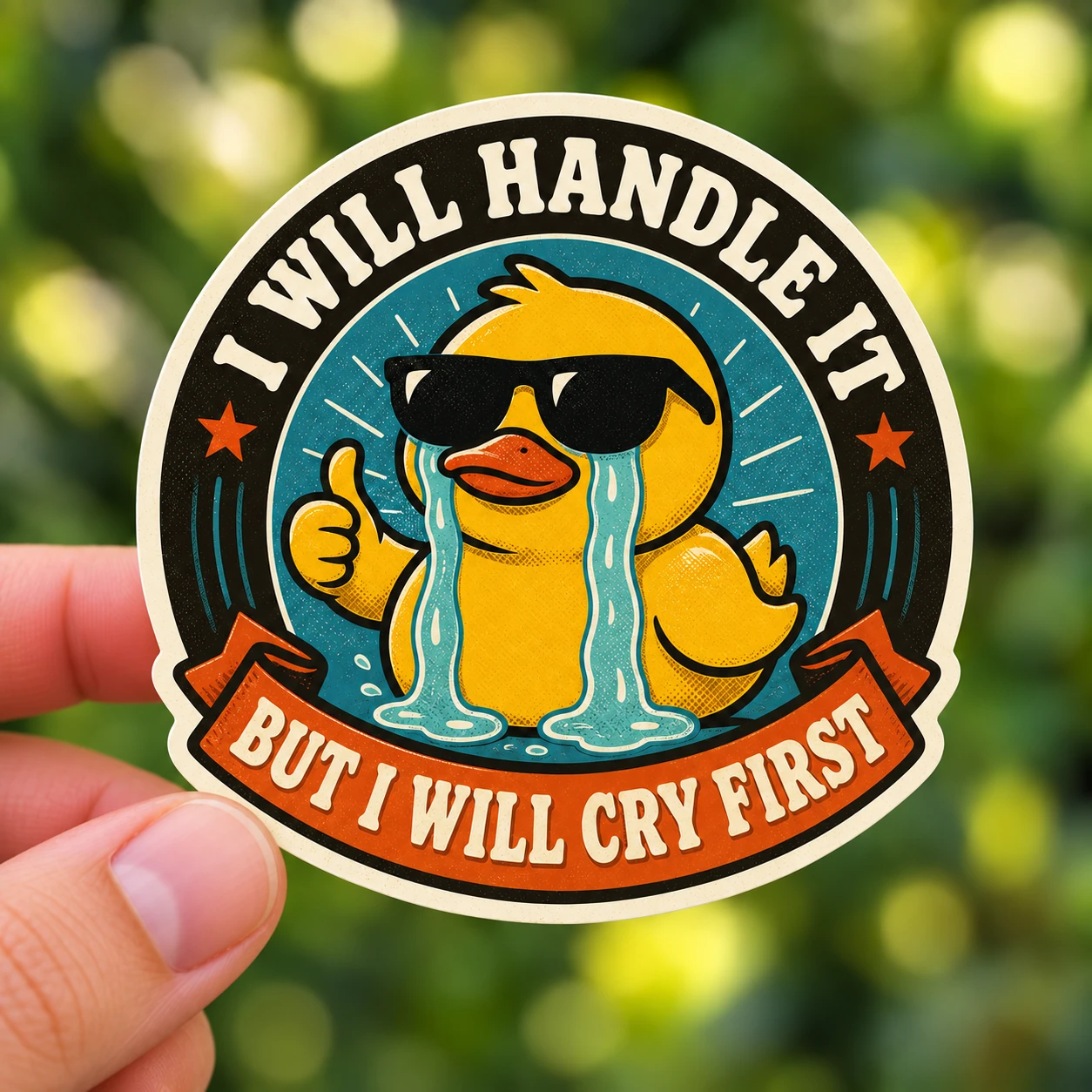 I Will Handle It, But I Will Cry First Sticker, Vintage Badge design shown held in a hand