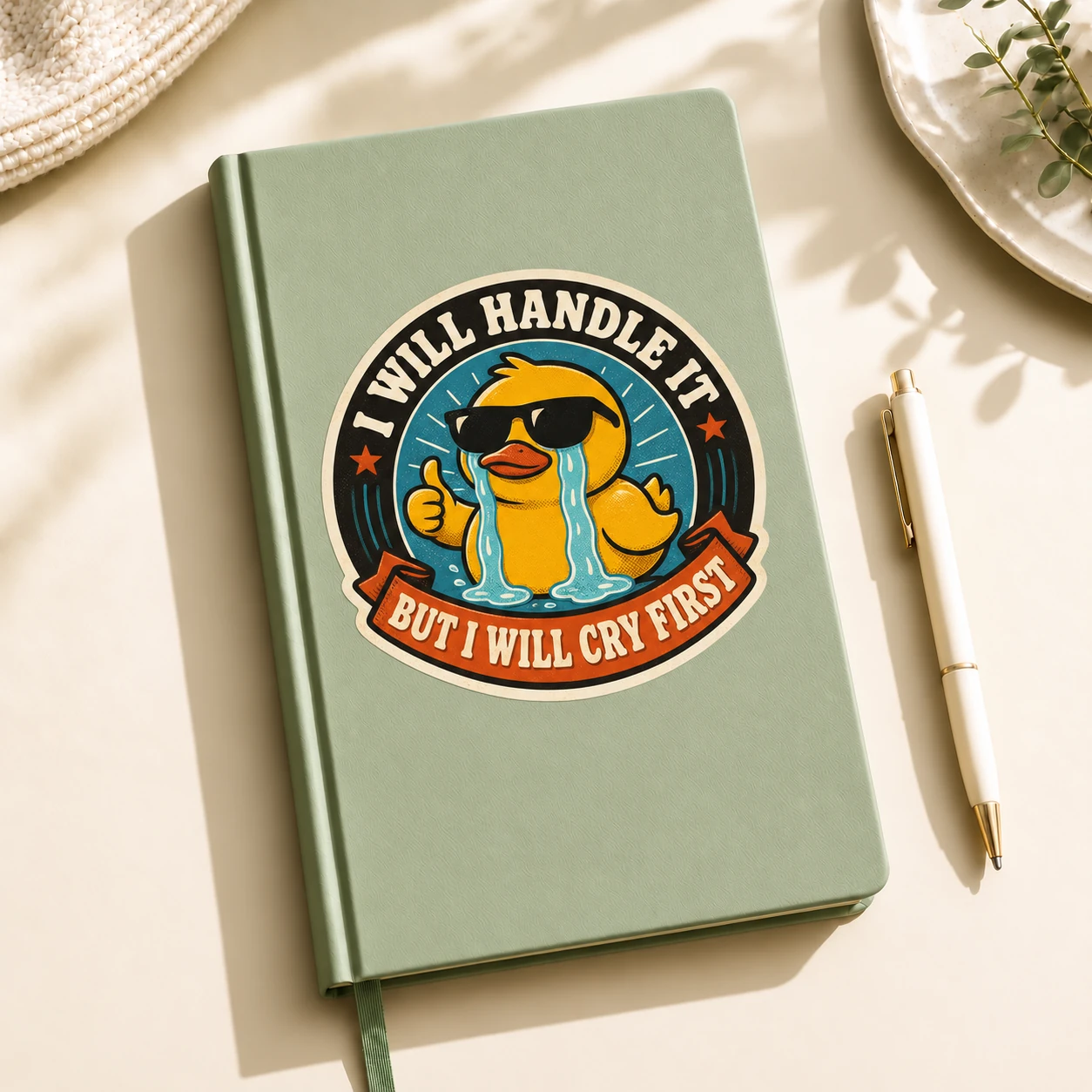 I Will Handle It, But I Will Cry First Sticker, Vintage Badge design shown on a notebook