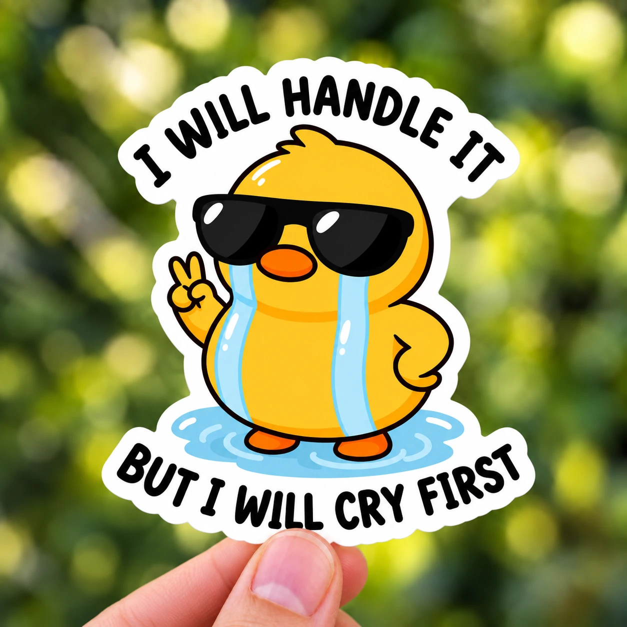 I Will Handle It, But I Will Cry First Sticker, Glossy Duck design shown held in a hand