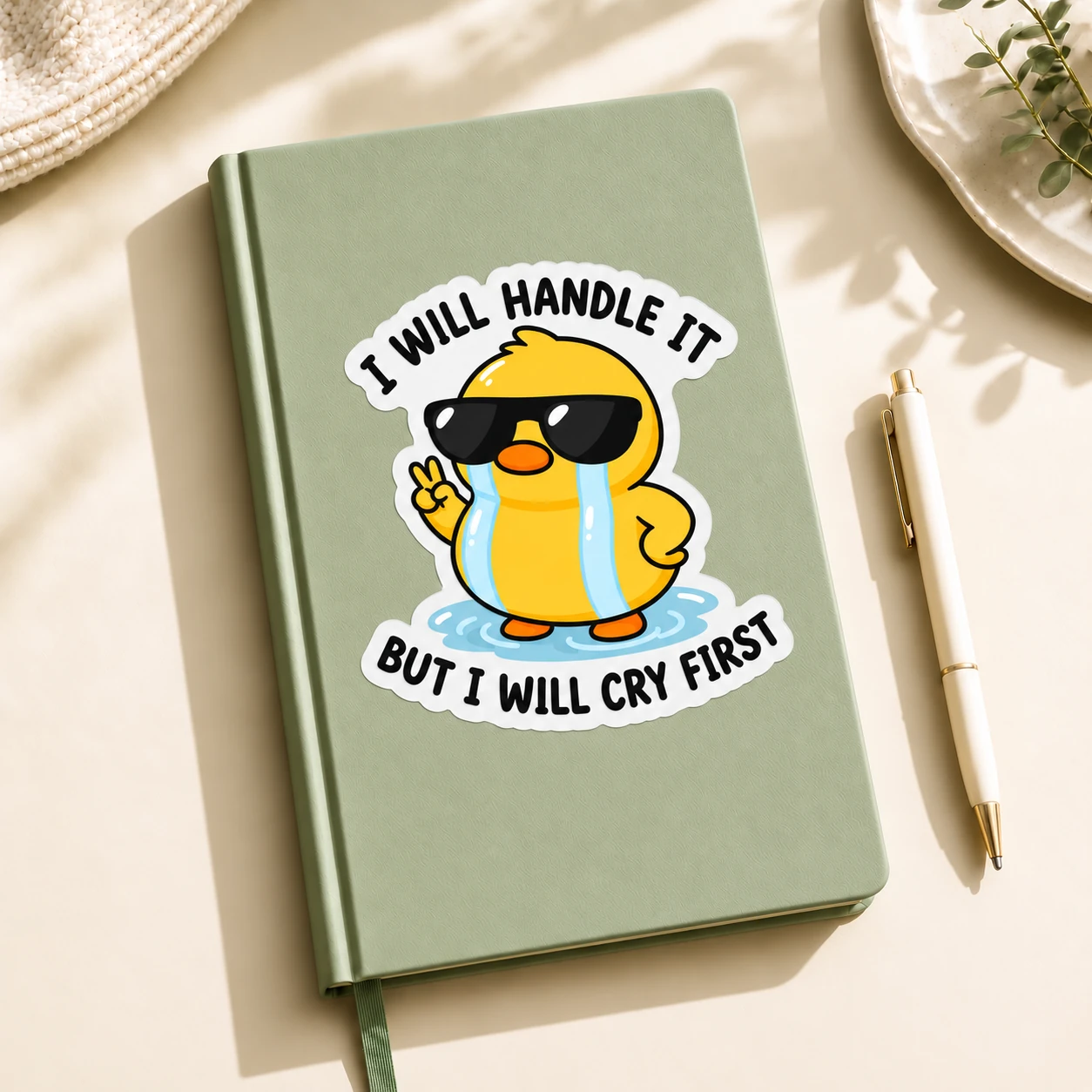 I Will Handle It, But I Will Cry First Sticker, Glossy Duck design shown on a notebook