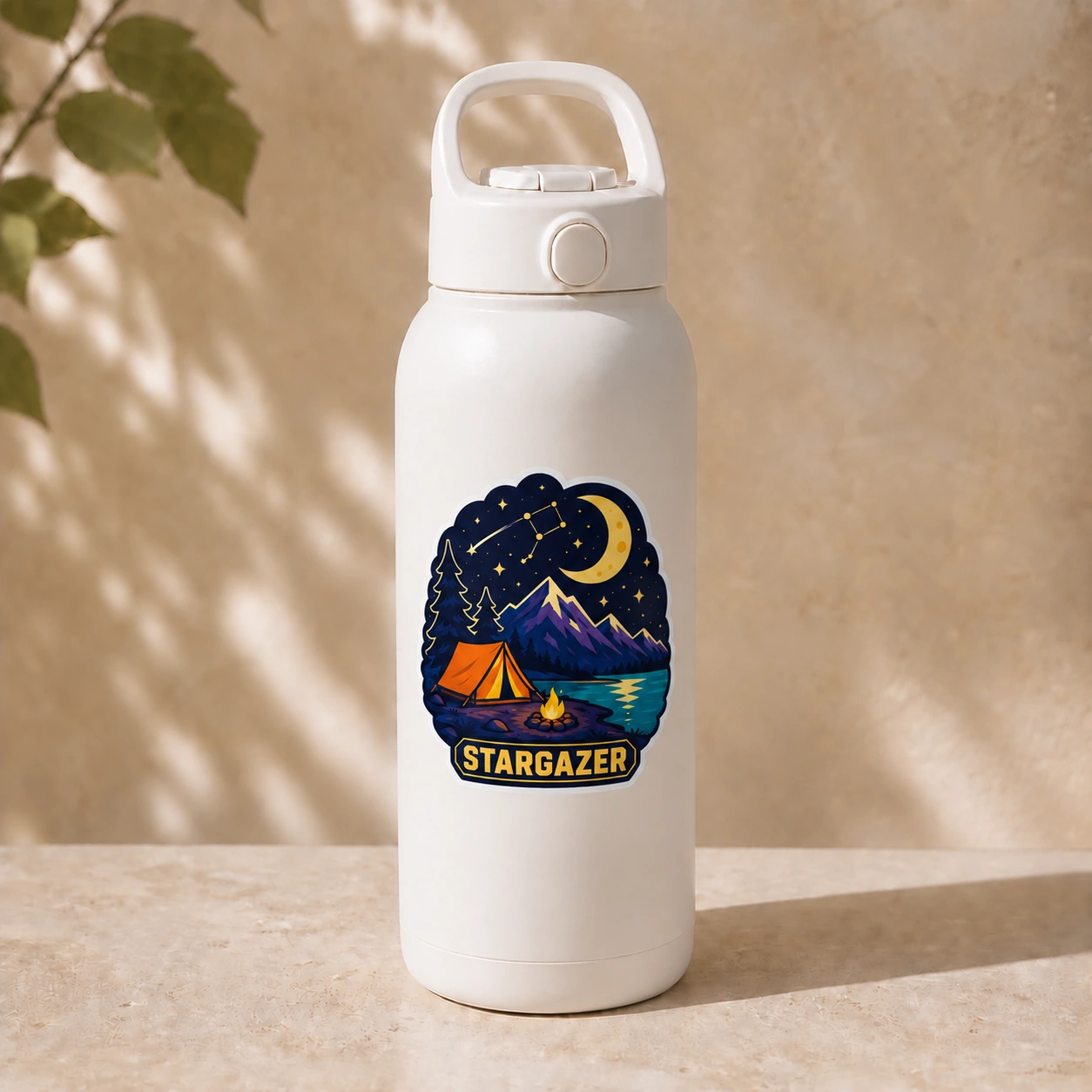 Starry Adventures Sticker, Stargazer design shown on a bottle