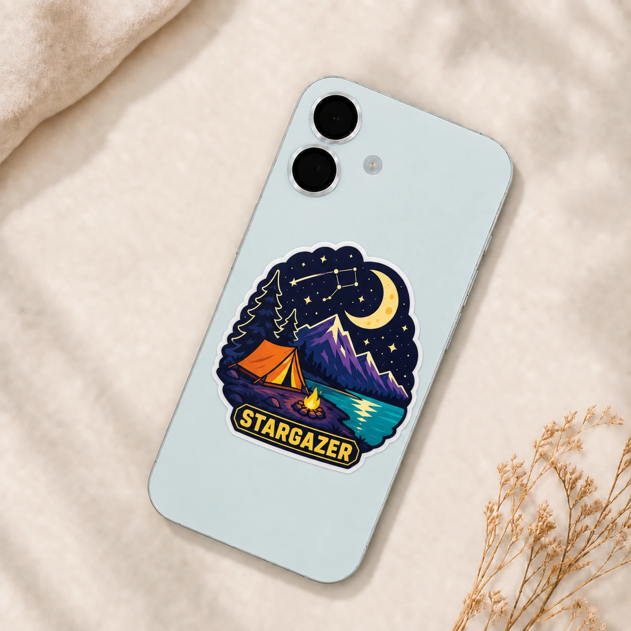 Starry Adventures Sticker, Stargazer design shown on a phone