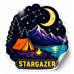 Starry Adventures Sticker — Stargazer design on a white background with a lifted corner