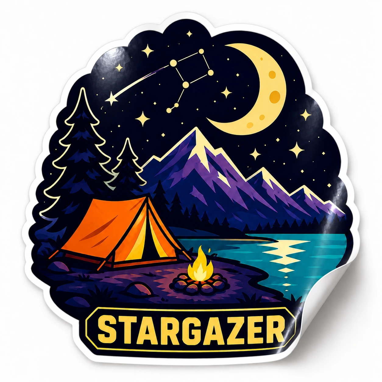 Starry Adventures Sticker — Stargazer design on a white background with a lifted corner