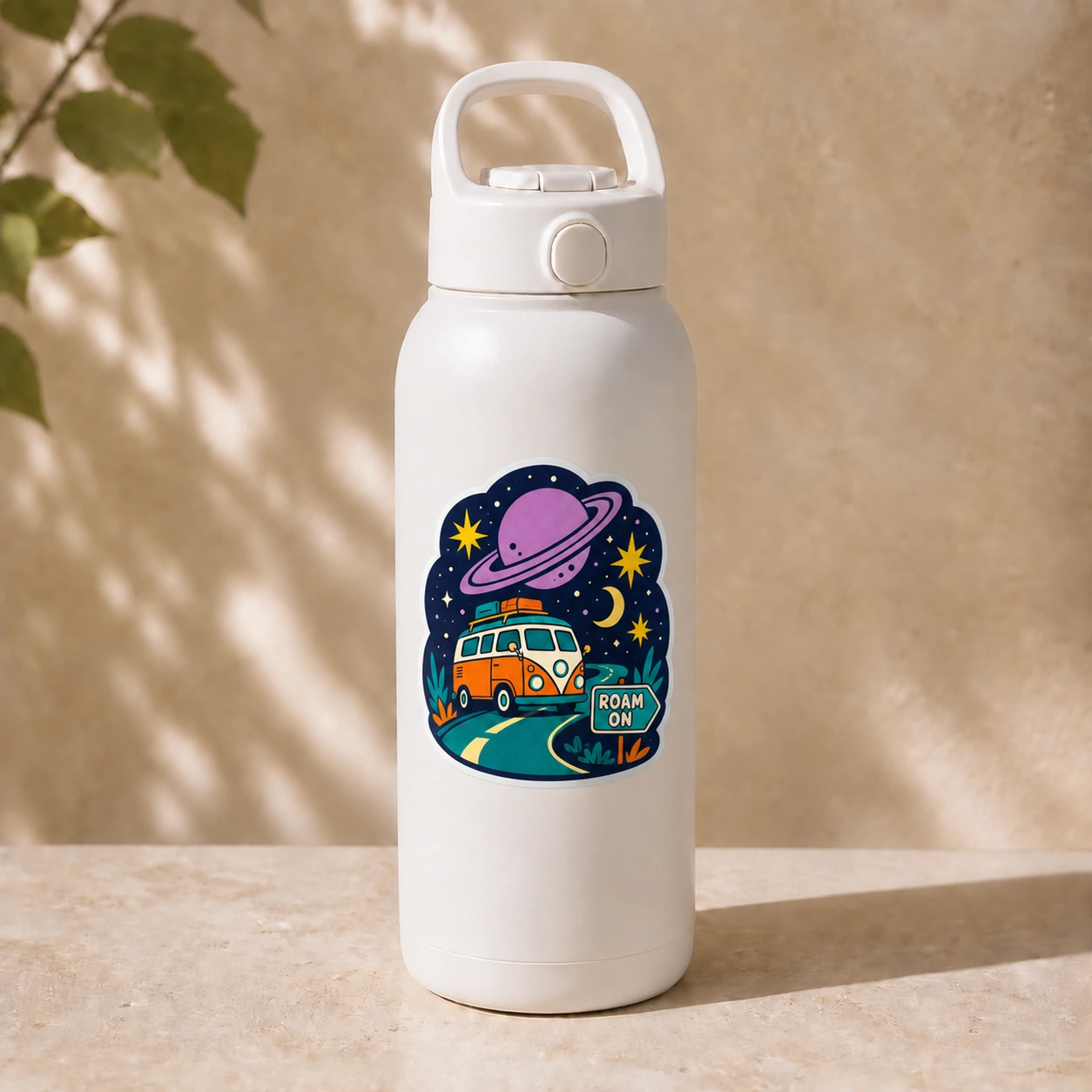Starry Adventures Sticker, Roam On design shown on a bottle