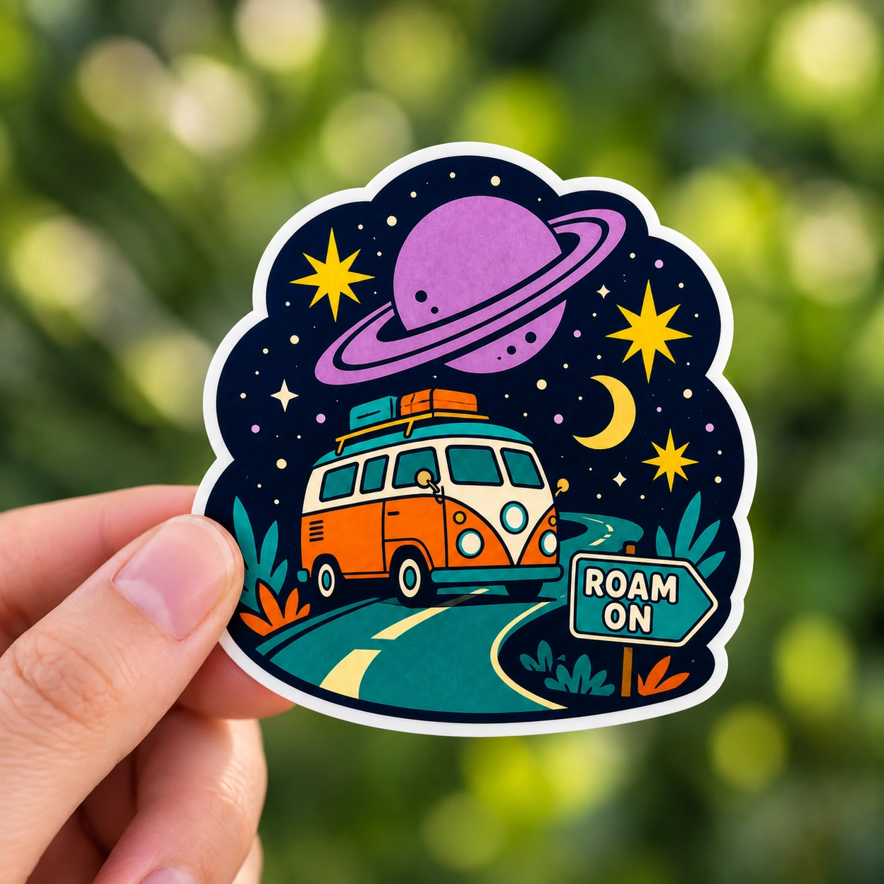 Starry Adventures Sticker, Roam On design shown held in a hand