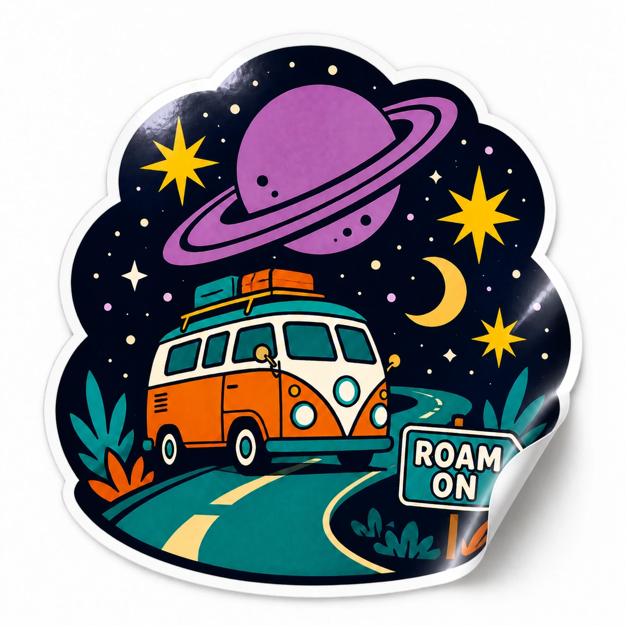 Starry Adventures Sticker — Roam On design on a white background with a lifted corner