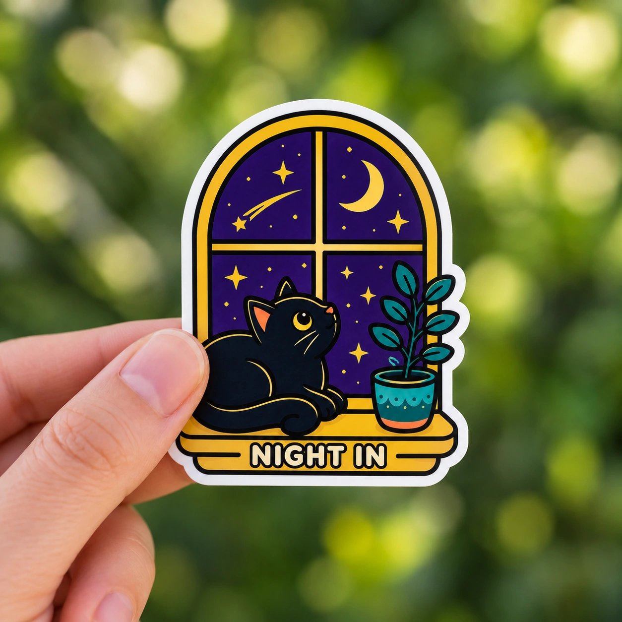 Starry Adventures Sticker, Night In design shown held in a hand