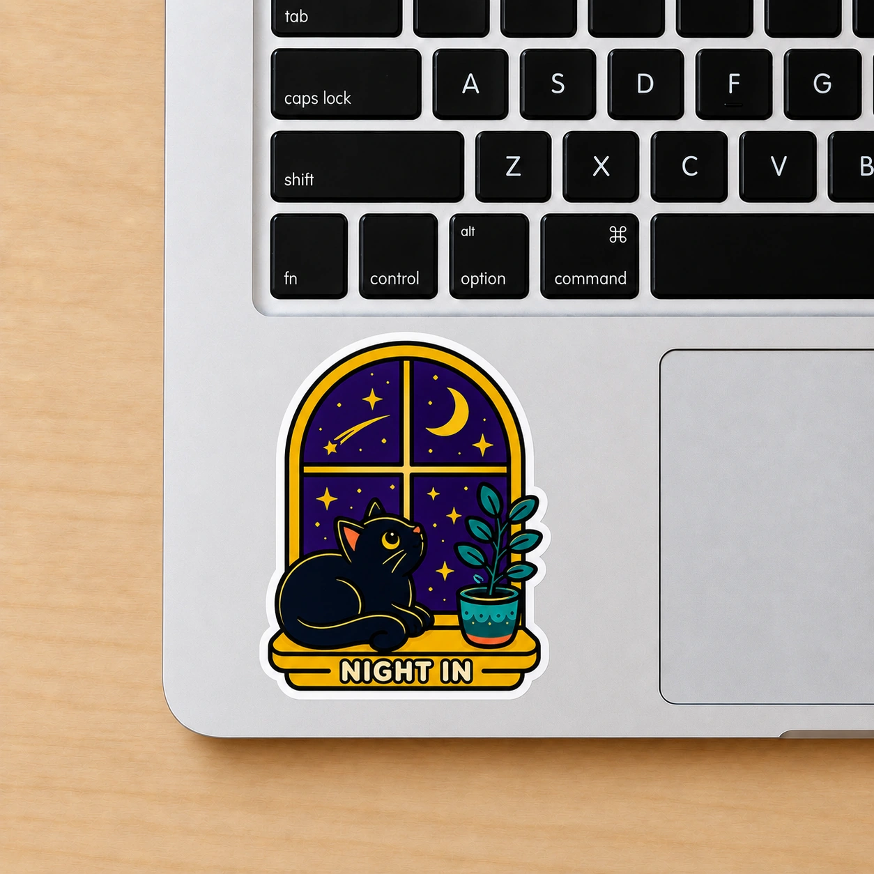 Starry Adventures Sticker, Night In design shown on a laptop palm rest