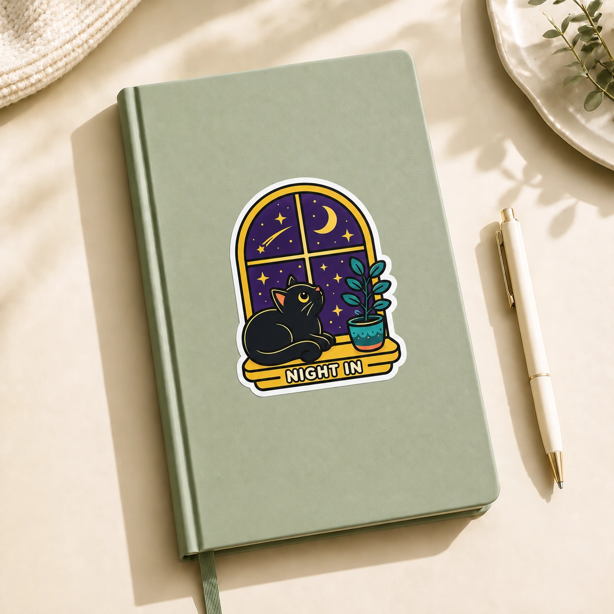Starry Adventures Sticker, Night In design shown on a notebook