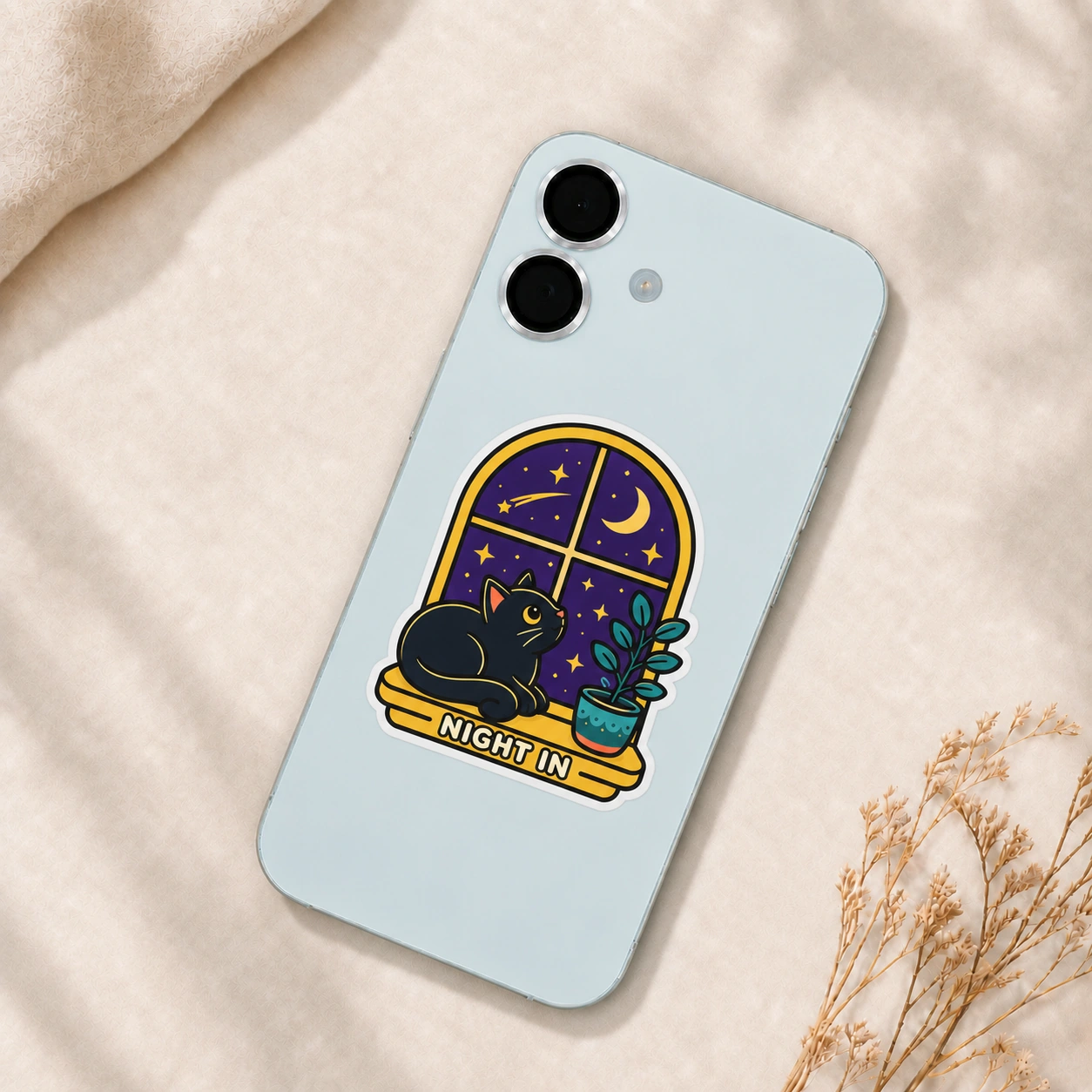 Starry Adventures Sticker, Night In design shown on a phone