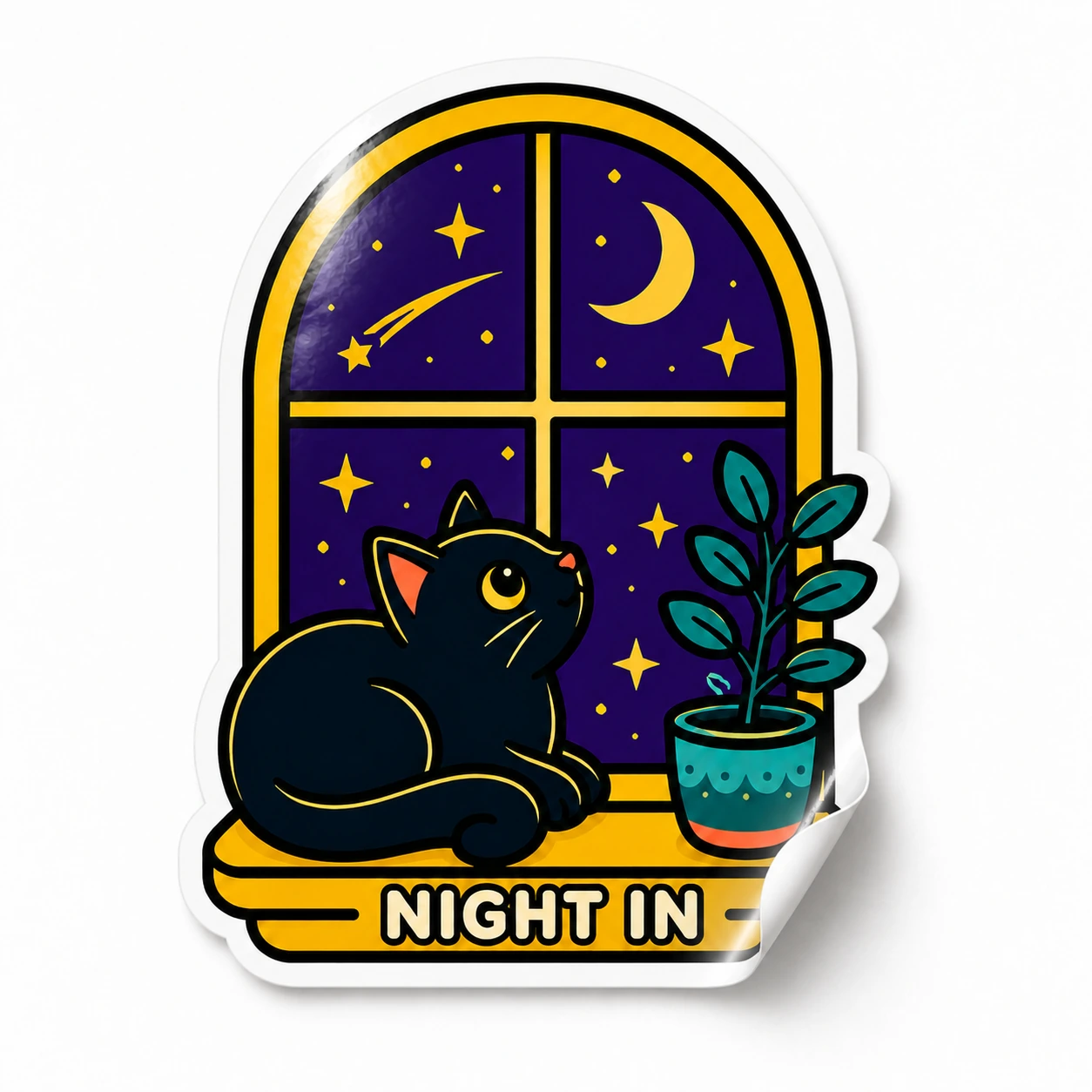 Starry Adventures Sticker — Night In design on a white background with a lifted corner
