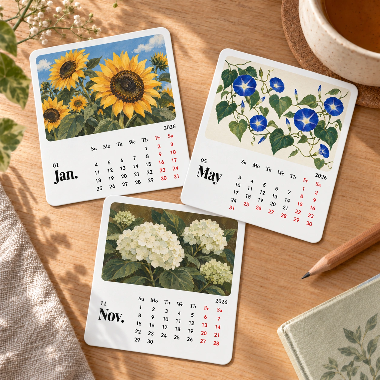 Three botanical calendar stickers for January, May and November arranged on a wooden desk