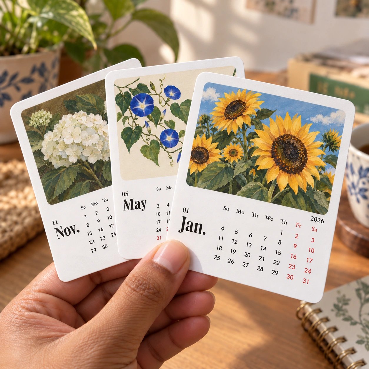 A hand holding three botanical calendar stickers featuring sunflowers, morning glories and hydrangeas