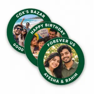 Three green personalized photo stickers stacked on white, showing travel, birthday and couple memories